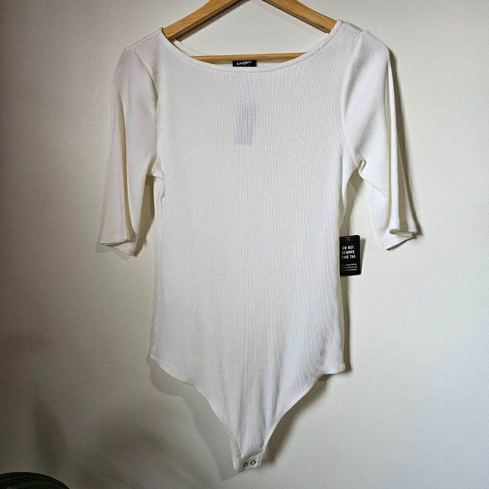 NWT EXPRESS WHITE RIBBED BOATNECK HALF SLEEVES BODYSUIT SIZE LARGE